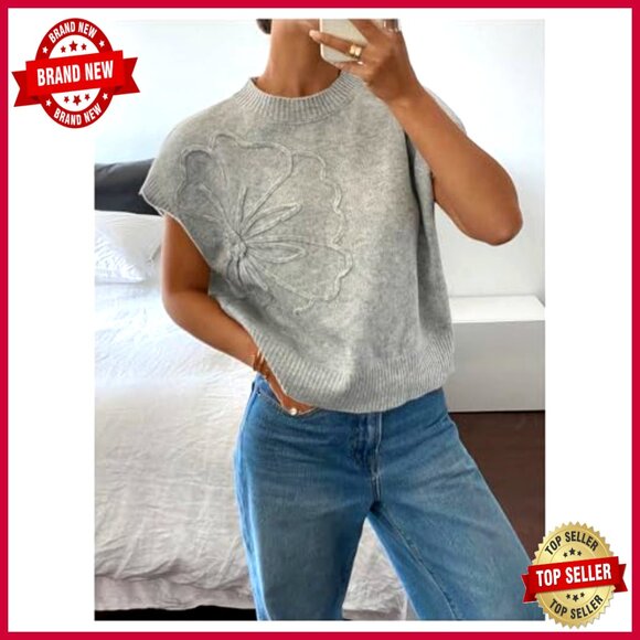 Short Sleeve 3D Floral Pullover Sweater Knit Vest Trendy Y2K Chic Casual Wear - Picture 2 of 5